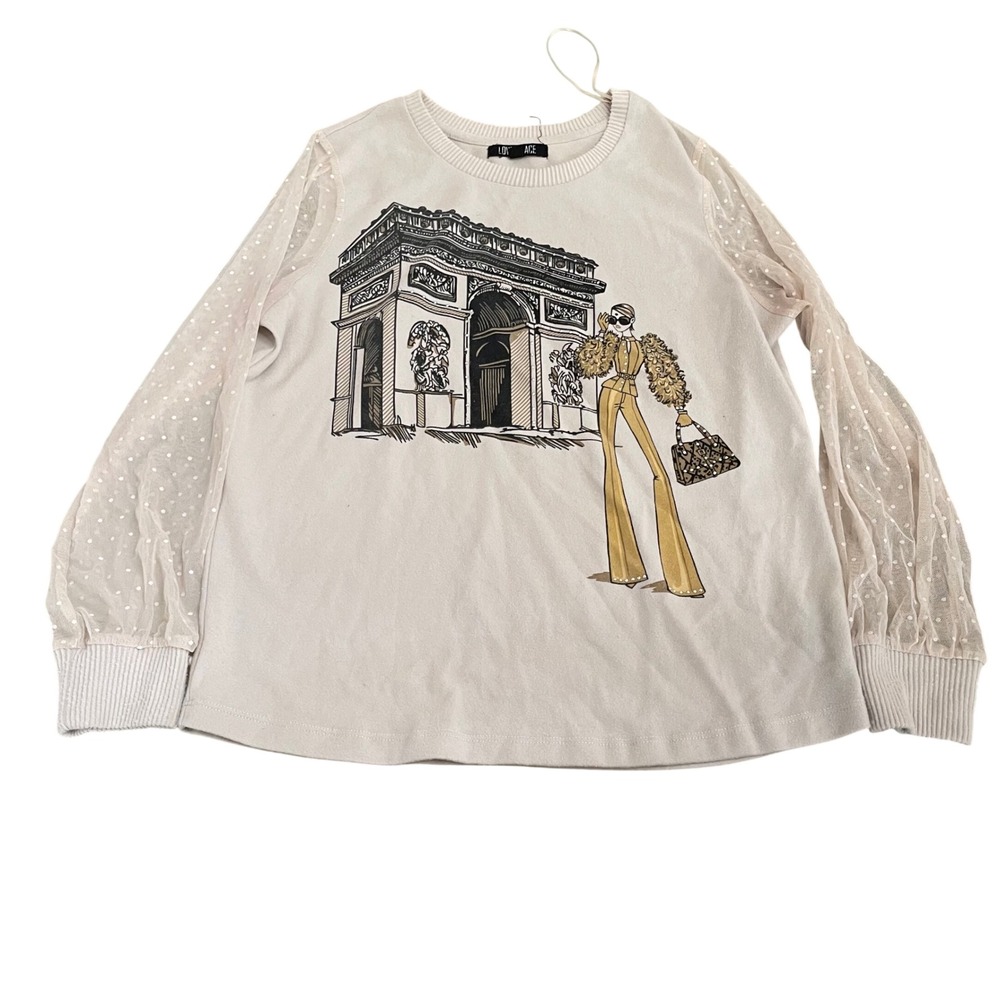 Love‎ + Lace Paris Graphic Top Cream Mesh Polka Dot Sleeve Rhinestone Large
